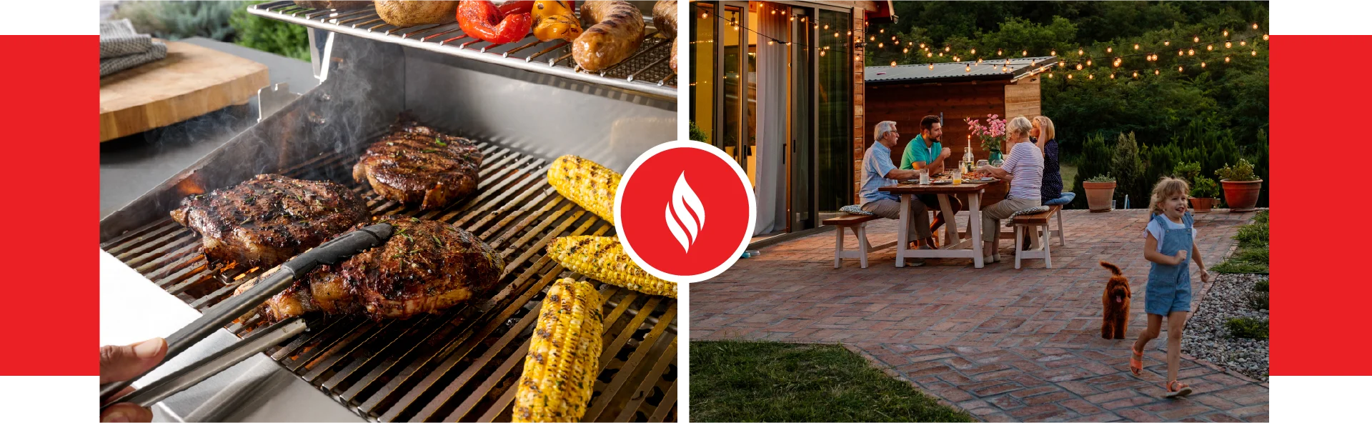 Split image showing steaks grilling on an American Outdoor Grill alongside a family enjoying dinner on a backyard patio at sunset