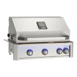 Stainless steel American Outdoor Grill built-in gas grill with hood thermometer and illuminated control knobs