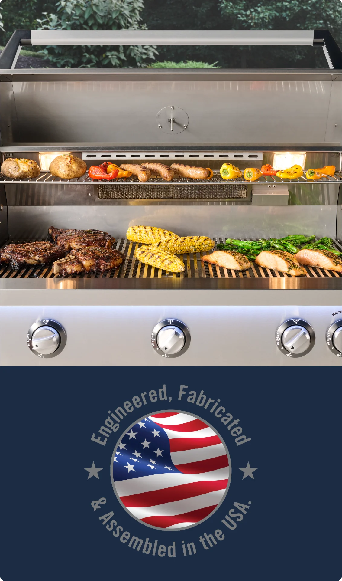 American Outdoor Grill cooking steaks and vegetables with Made in the USA badge and American flag emblem below