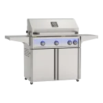 Stainless steel American Outdoor Grill portable gas grill on cart with side shelves and illuminated control knobs
