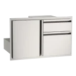 Stainless steel outdoor kitchen storage unit with single access door and double drawers for grill island installation